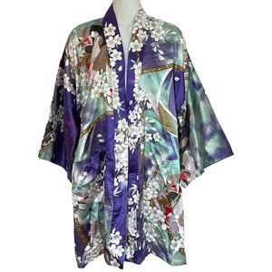 VTG Juguemm Japanese Kimono Purple Floral Lady Robe 35" Japan Art OS NEW